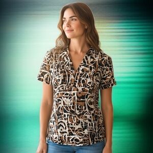 Dana Buchman Babydoll Top M Geometric Print Blouse Short Sleeve Office Siren Y2K